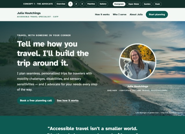 Preview of The Advocate homepage: beach hero with Julia's portrait