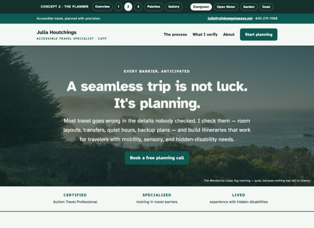 Preview of The Planner homepage: fog-coast hero with centered headline