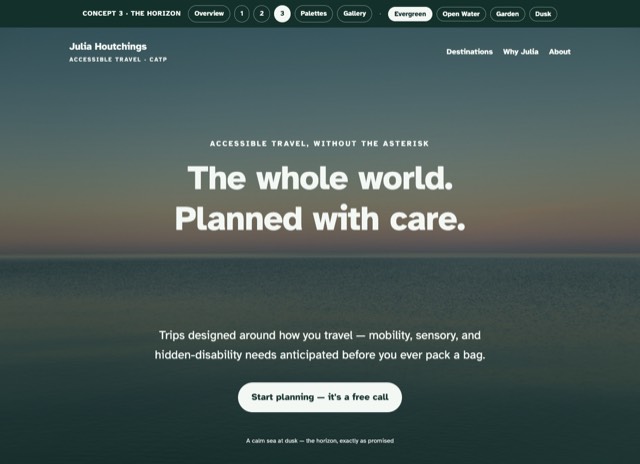 Preview of The Horizon homepage: calm sea-horizon hero at dusk